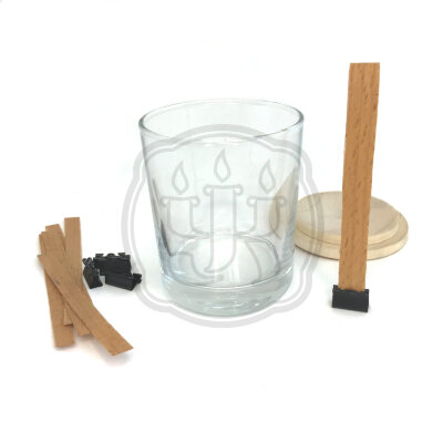 Комплект для свечи (стакан+крышка+фитиль) малый Дерево Стеклянный стакан, деревянная крышка, фитиль с держателем, не забудьте соевый воск и ароматизатор!